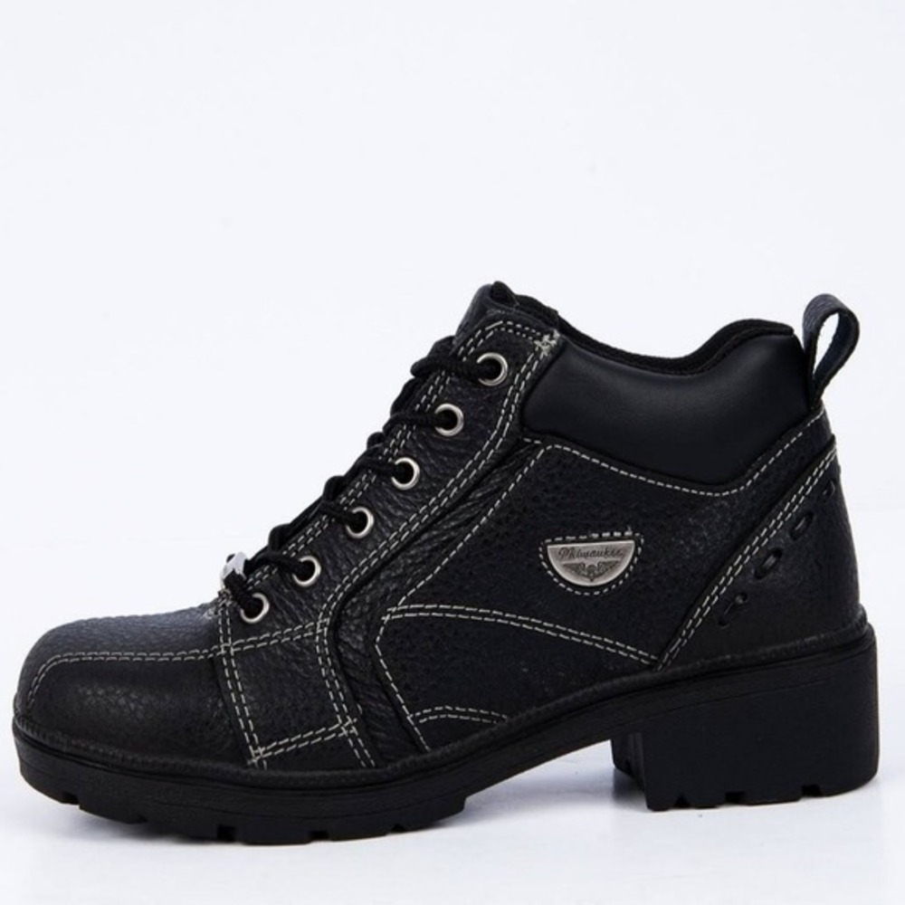 Milwaukee Motorcycle Clothing Co Black Leather Biker Boots Lace Up Lug Sole